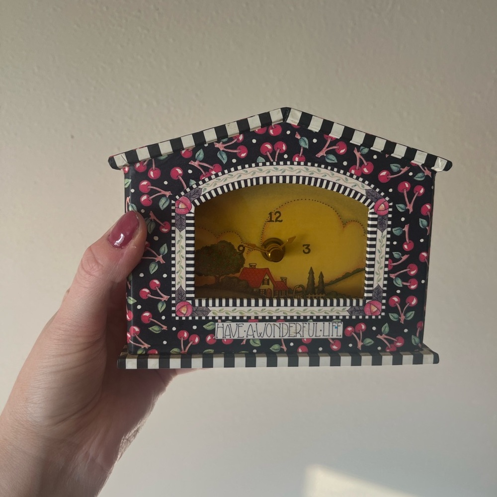 Mary Engelbreit Black Cherry Pattern Mantel Clock with Yellow Face